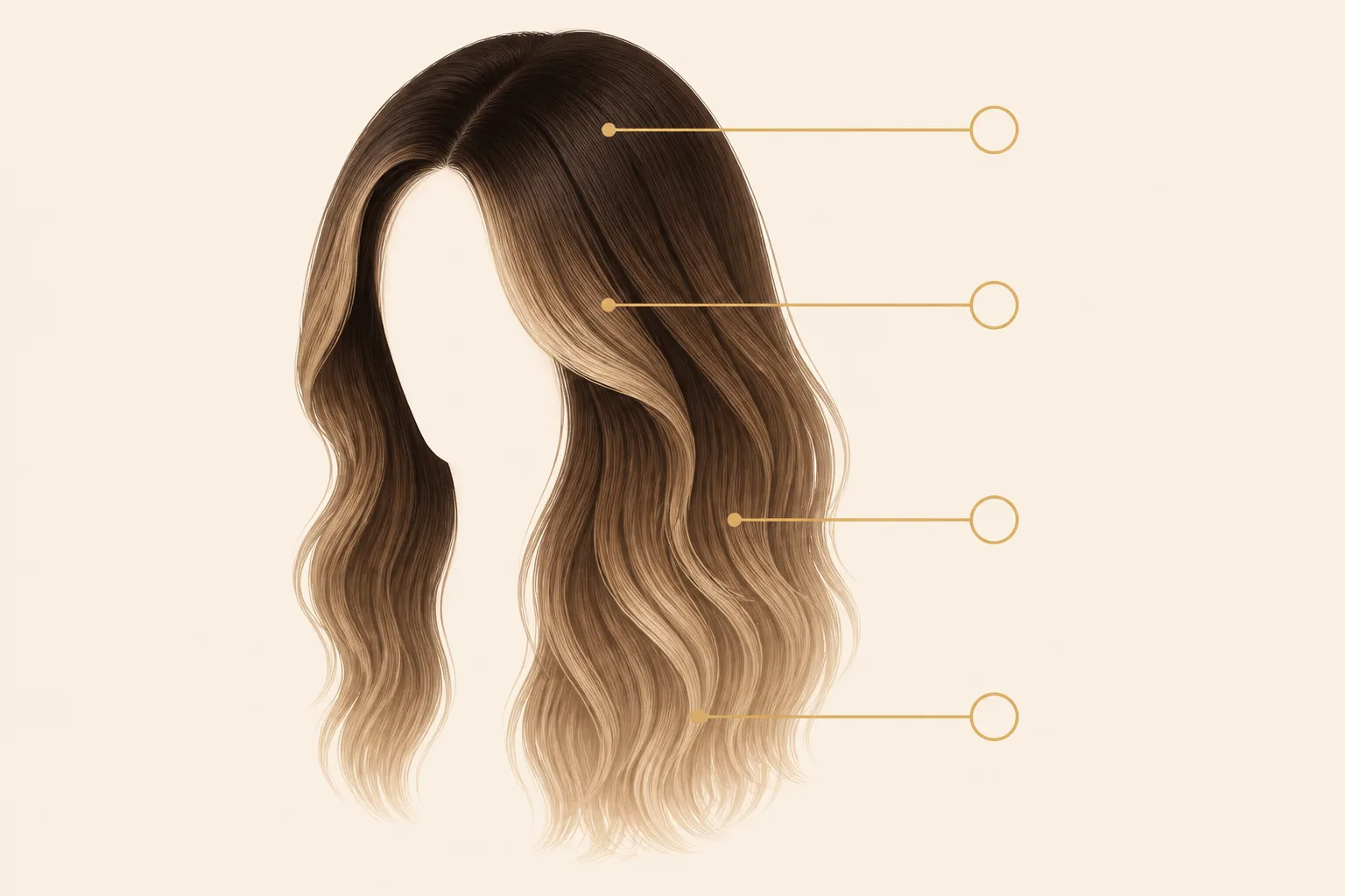 Balayage wig color map with four callouts marking the root area, face-framing strands, mid-lengths and ends