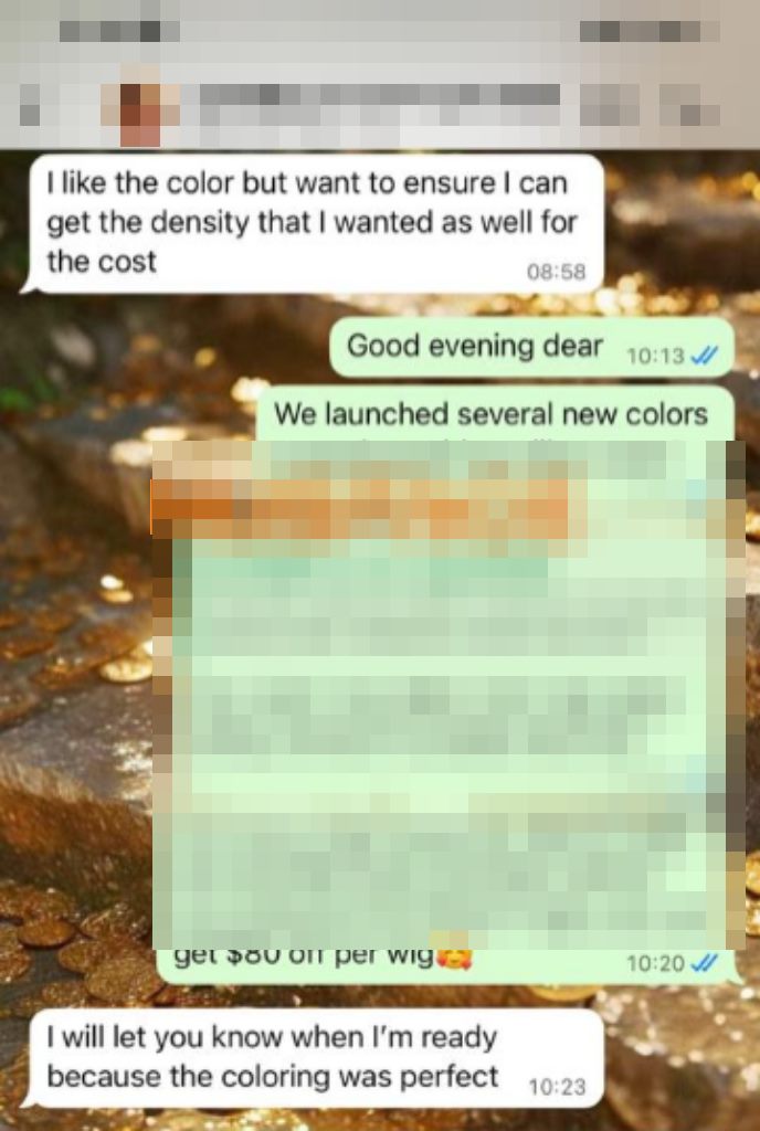 WhatsApp conversation about balayage wig color and the requested density
