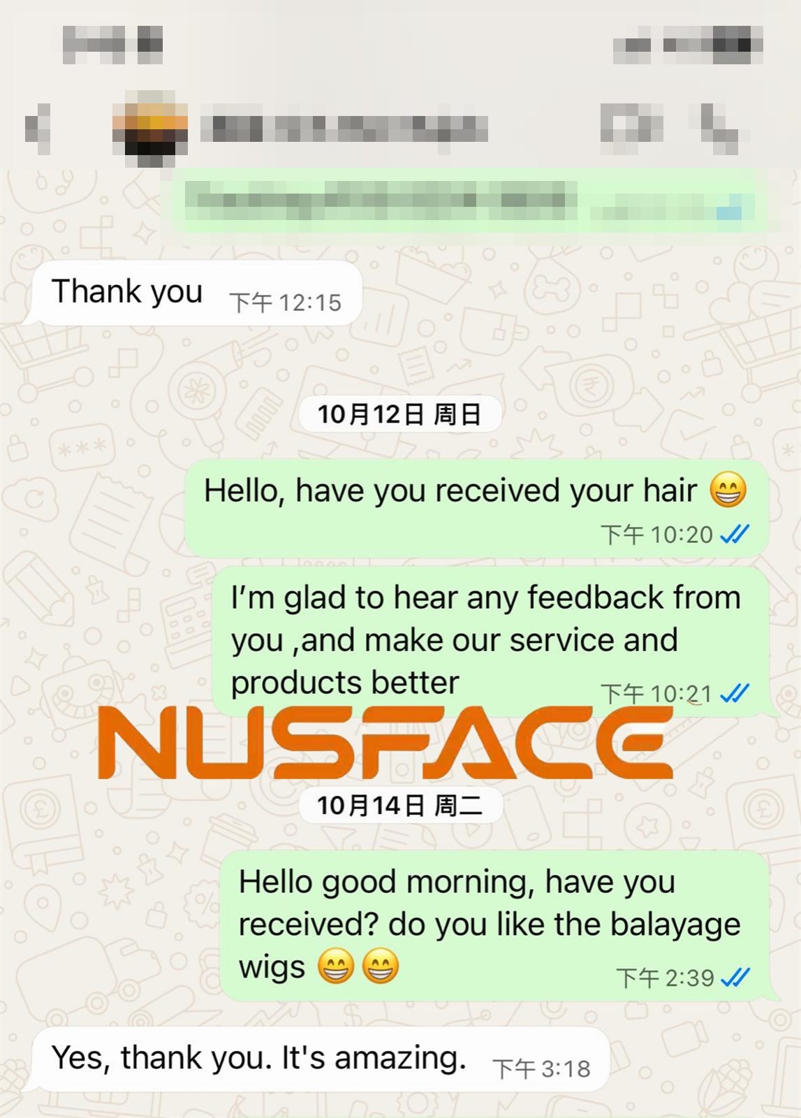 WhatsApp conversation confirming receipt and satisfaction with a balayage wig