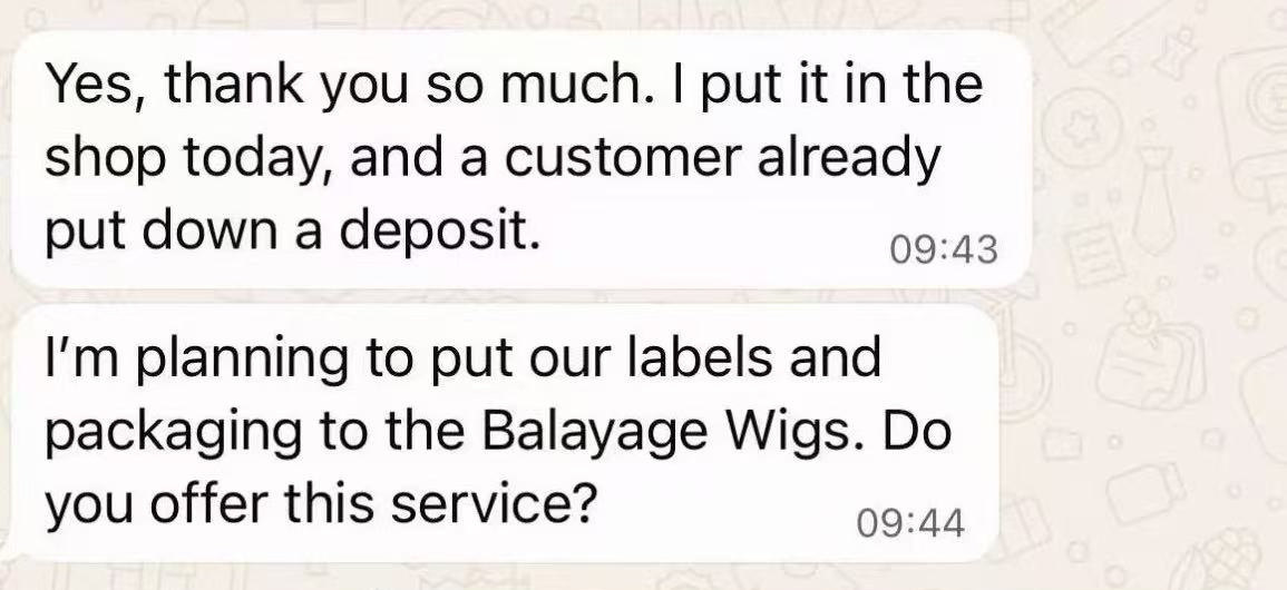privacy-safe WhatsApp feedback from a wholesale balayage wig buyer planning private label